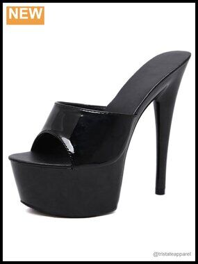 Patent Leather Platform Stiletto Heels Open Toe Mule Sandals Slip On